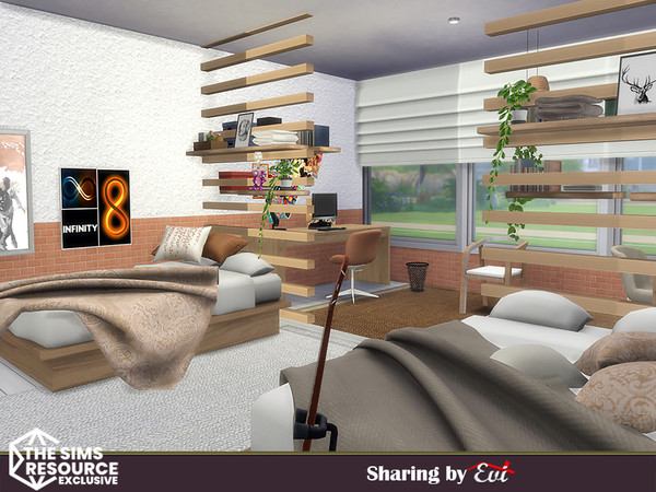 Sims 4 — Sharing by evi — A bedroom for two people with tin beds and desks