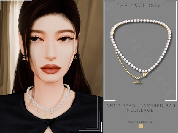 Sims 4 — Anne Pearl Layered Bar Necklace by Glitterberryfly — A gold bar necklace with layered pearl necklace