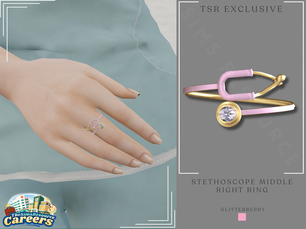 Sims 4 — Career - Stethoscope Middle Ring by Glitterberryfly — A right hand middle ring of a pink Stethoscope