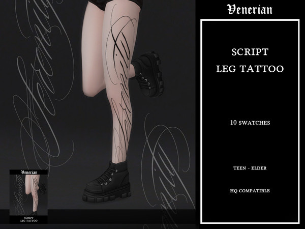 Sims 4 — Script Leg Tattoo - Left Leg - by Venerian by Venerian — 10 swatches 5 different words: Serenity, dreamy,
