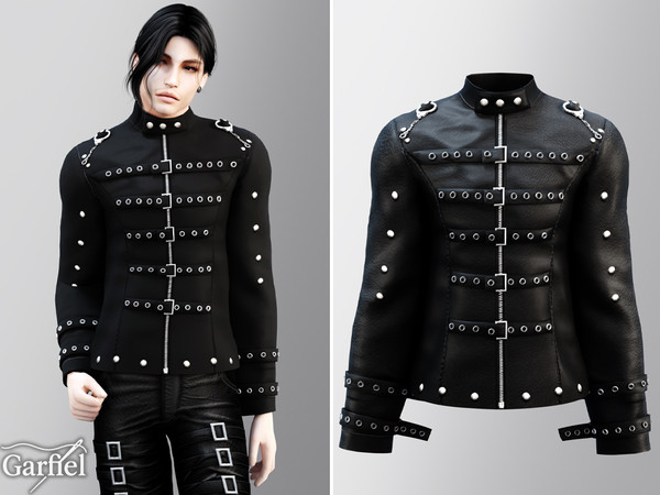 The Sims Resource | Adult - Dark industrial jacket with straps and