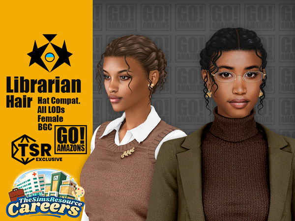 Sims 4 — Librarian Hair by GoAmazons — Afro textured, curly hair updo bun with strands.