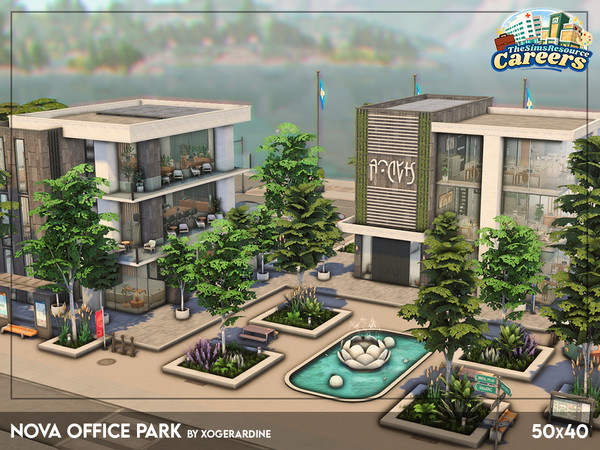 Sims 4 — NOVA Office Park - NO CC by xogerardine — NOVA Office Park is a clean, modern workspace complex built around a