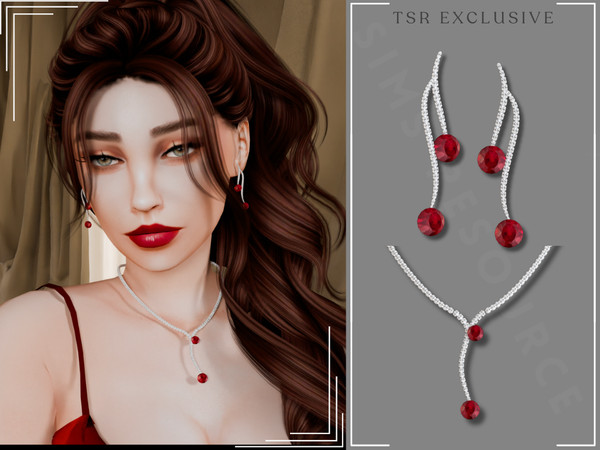 Sims 4 — GlitterberrySims- Double Ruby Diamond Wave Earrings by Glitterberryfly — A set with ruby earrings and necklace