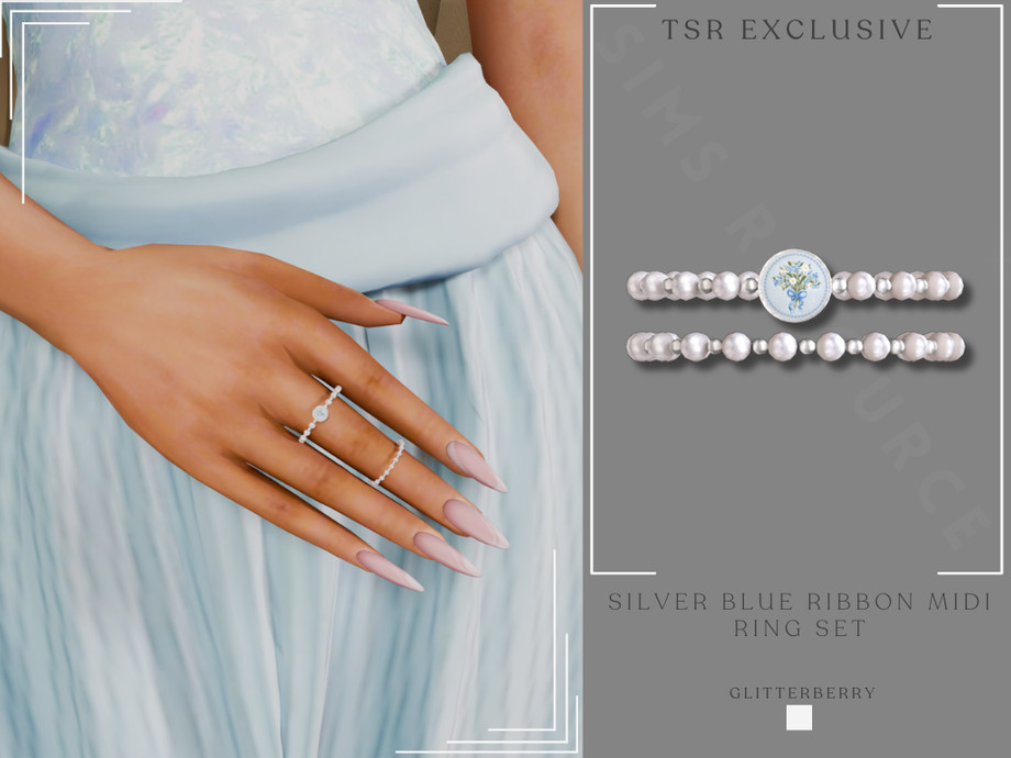 The Sims Resource | Silver Blue Ribbon Midi Ring Set