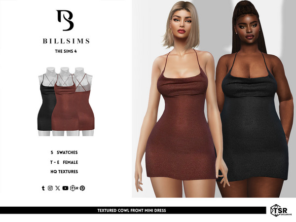 Sims 4 — Textured Cowl Front Mini Dress by Bill_Sims — This dress features a cowl front neckline and cross-back straps in