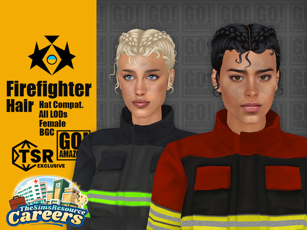 Sims 4 — Firefighter Hair by GoAmazons — This wavy hair updo with braids gained curly strands here and there after an