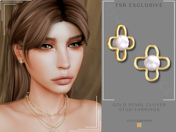 Sims 4 — Gold Pearl Clover Stud Earrings by Glitterberryfly — A gold stud earring with pearl