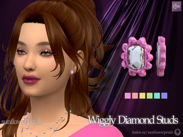 Sims 4 — Wiggly Diamond Studs by SunflowerPetalsCC — A pair of uniquely shaped stud earrings with a diamond in the