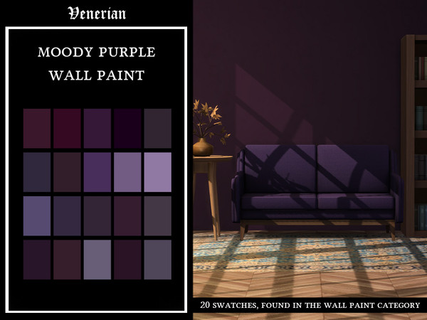 Sims 4 — Moody Purple Wall Paint by Venerian by Venerian — 20 swatches Custom thumbnail Price: 2 simoleons Found in the