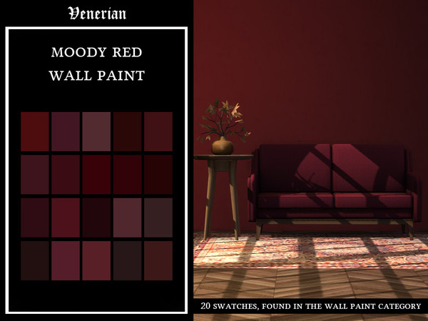 Sims 4 — Moody Red Wall Paint by Venerian by Venerian — 20 swatches Custom thumbnail Price: 2 simoleons Found in the wall