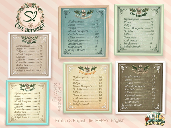 Sims 4 — Cafe Botanique Painting Flower Prices English by SIMcredible! — Now it's the Florist area. by