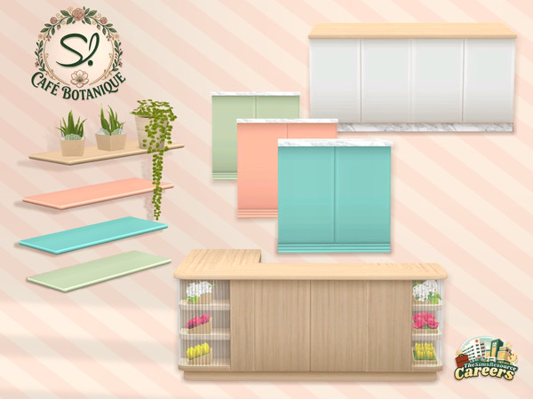 Sims 4 — Cafe Botanique Wall Shelf by SIMcredible! — Now it's the Florist area. by SIMcredibledesigns.com