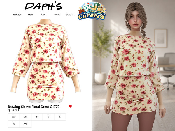 Sims 4 — CAREERS - Batwing Sleeve Floral Dress by Daph's — A cozy floral mini dress with soft batwing sleeves and a