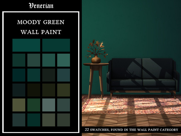 Sims 4 — Moody Green Wall Paint by Venerian by Venerian — 22 swatches Custom thumbnail Price: 2 simoleons Found in the