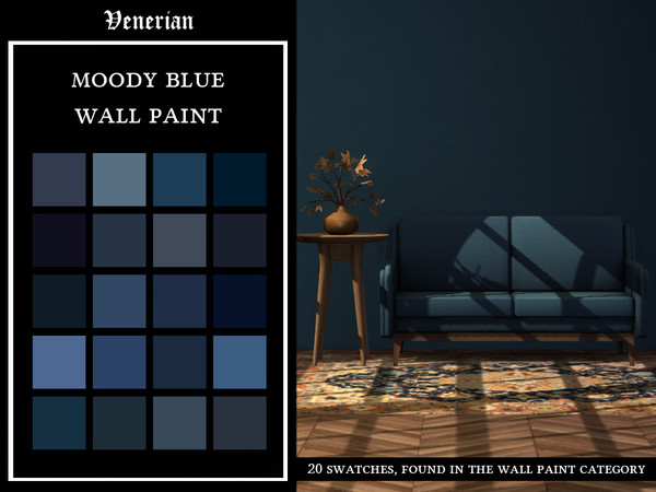 Sims 4 — Moody Blue Wall Paint by Venerian by Venerian — 20 swatches Custom thumbnail Price: 2 simoleons Found in the