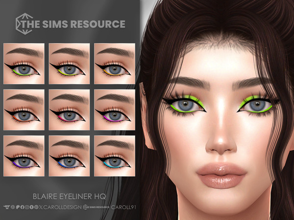 Sims 4 — Blaire Eyeliner HQ by Caroll912 — A 9-swatch winged eyeliner with neon waterline accent in green, chartreuse,