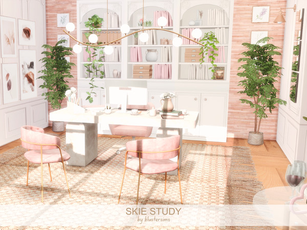 Sims 4 — Skie Study by BlusterSims — Skie Study is a bright, elegant workspace featuring blush velvet seating, warm gold