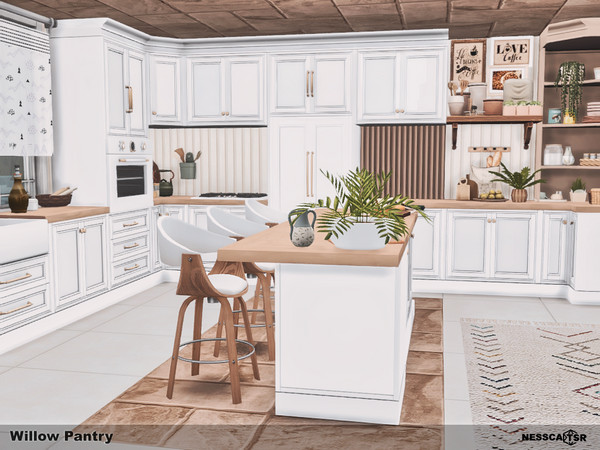Sims 4 — Willow Pantry by Nessca — Willow Pantry blends soft white cabinetry with warm natural wood accents, creating a