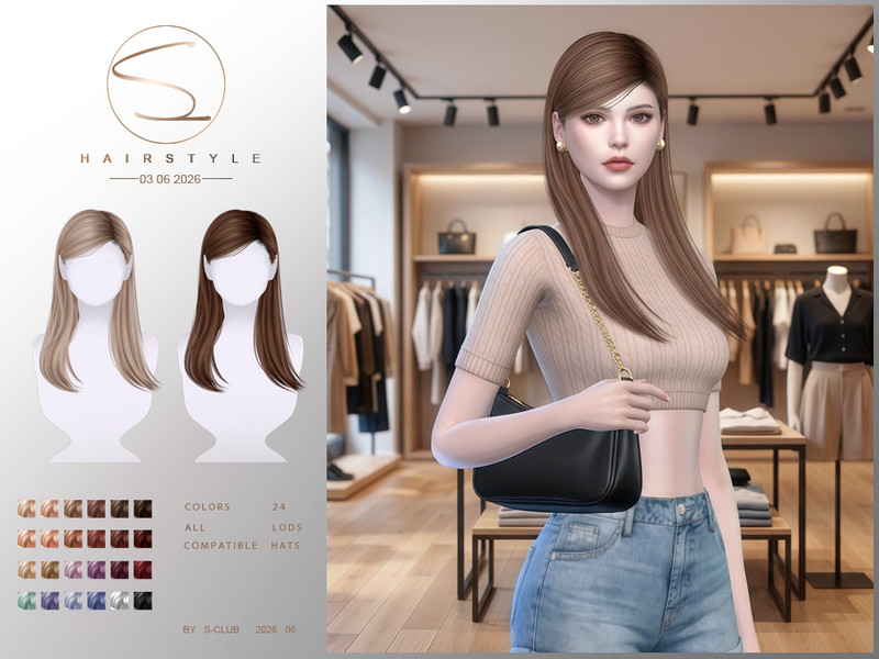 Sims 4 Black hairstyle CC S-CLUB MIDLONG HAIRSTYLE by S-Club
