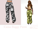 Sims 4 — Camo Baggy Pants by Dissia — Mid waist camouflage loose pants with many pockets