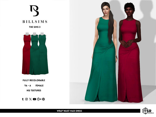 Sims 3 — Wrap Waist Maxi Dress by Bill_Sims — This dress features a coat neckline and a wrap waist design in a
