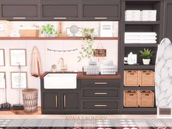 Sims 4 — Avaia Laundry by BlusterSims — The Avaia Laundry is a cozy modern farmhouse laundry room blending dark
