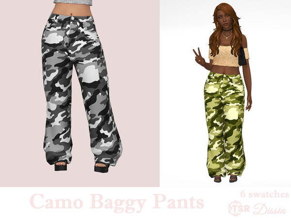 Sims 4 — Camo Baggy Pants by Dissia — Mid waist camouflage loose pants with many pockets