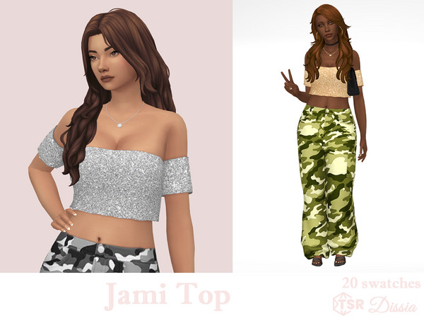 Sims 4 — Jami Top by Dissia — Short sleeves bare shoulders short glitter shiny top