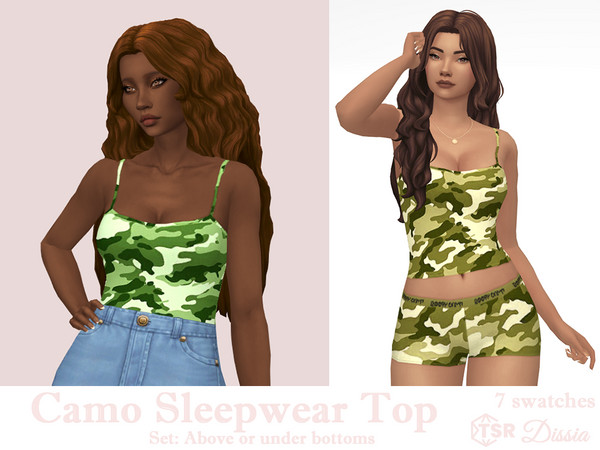 Sims 4 — Camo Sleepwear Top v2 (Under Bottoms) by Dissia — Camouflage mid length tank top