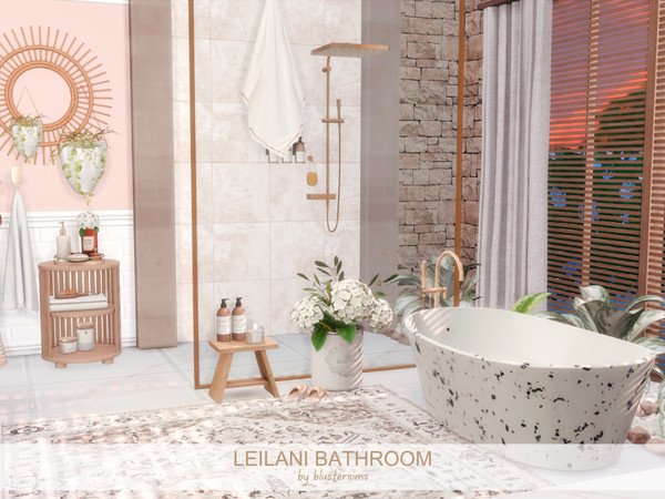 Sims 4 — Leilani Bathroom by BlusterSims — Leilani Bathroom is a soft, spa inspired retreat featuring warm wood accents,