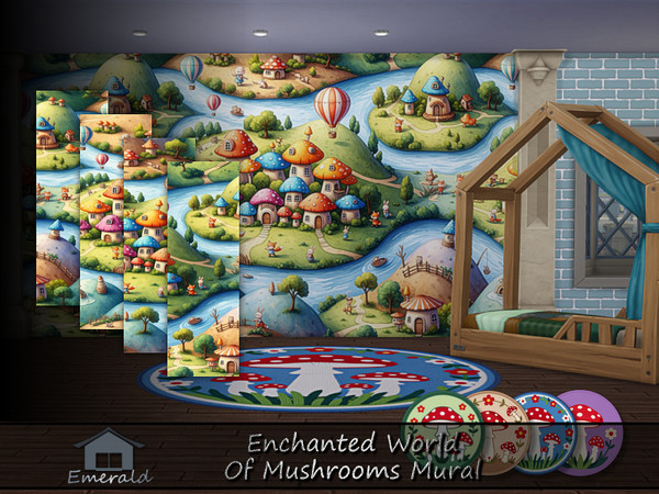 Sims 4 — Enchanted World Of mushrooms Mural by Emerald — Enchant your kids rooms with a fairyland of mushrooms wisdom.