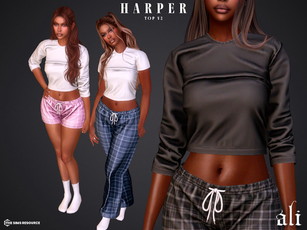 Sims 4 — HARPER top v2 by ali1 — Set Includes: Long and Short sleeve tops, Plaid Pants and Shorts