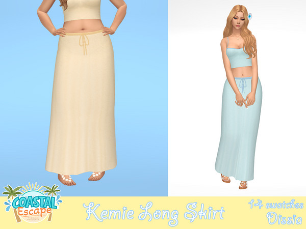 Sims 4 — Kemie Long Skirt by Dissia — Mid waist long pastel tied light skirt
