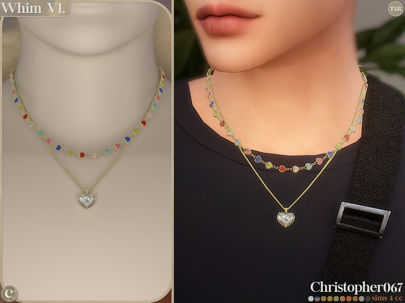 Sims 4 men’s accessory CC Whim Necklace V1 Male - Diamond Heart Charm Layered Necklace by christopher0672