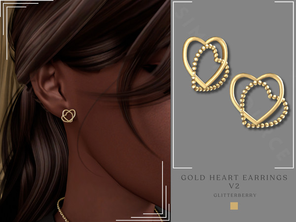 Sims 4 — PATREON - Gold Heart Earrings v2 by Glitterberryfly — A gold double heart earring