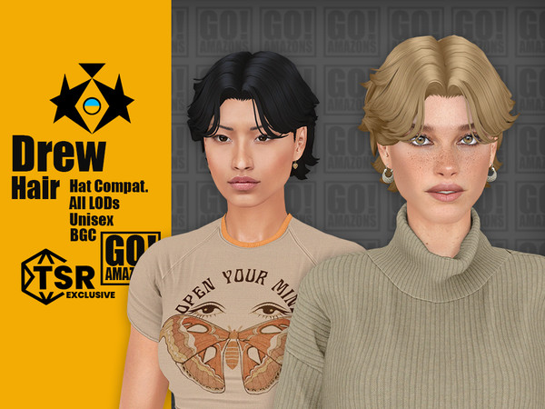 Sims 4 — Drew Hair by GoAmazons — Parted short wave hairstyle for both frames.