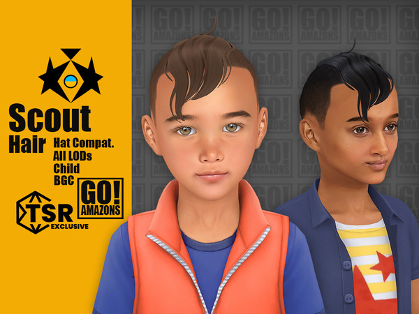 Sims 4 — Scout Hair by GoAmazons — Shaved on the sides with long wavy bangs hairstyle for children.