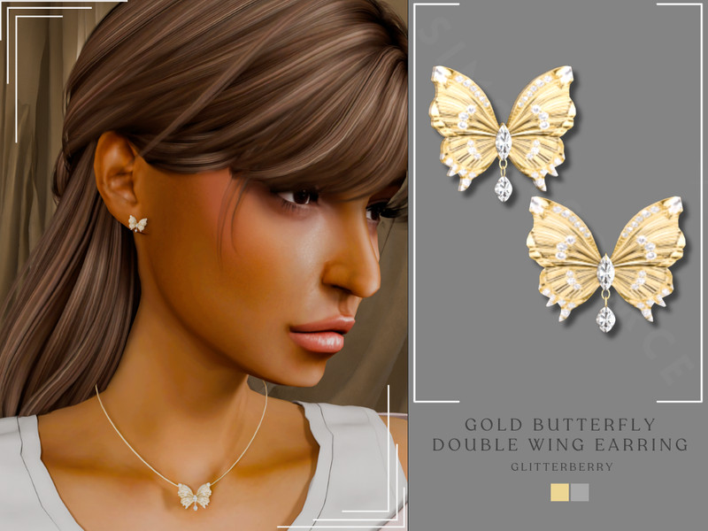 Sims 4 pet and animal accessory CC PATREON - Gold Butterfly Double Wing Earring by Glitterberryfly