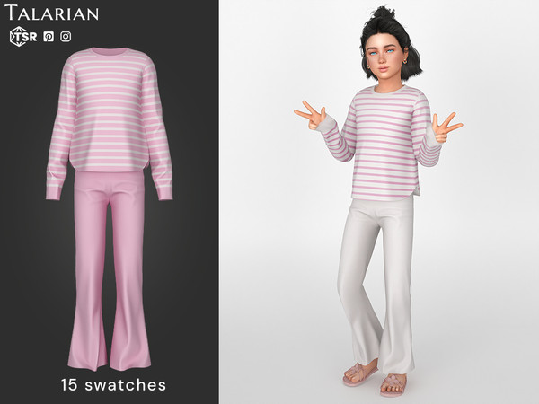 Sims 4 — Ariella Striped Sweater Flare Pants Outfit CHILD by talarian — Cozy two-piece outfit with a striped long-sleeve
