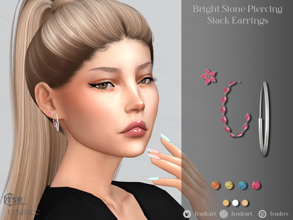 Sims 4 — Bright Stone Piercing Stack Earrings by LVNDRCC — Piercing stack with moderate hoops and marquise cut crystal