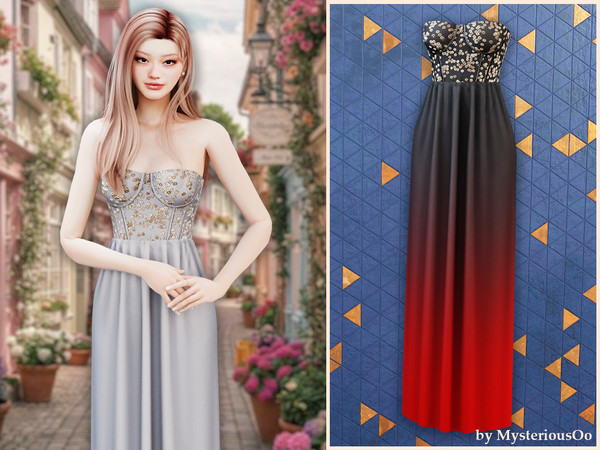 Sims 4 — Starlight cascade gown by MysteriousOo — An elegant evening gown featuring a structured sweetheart bodice
