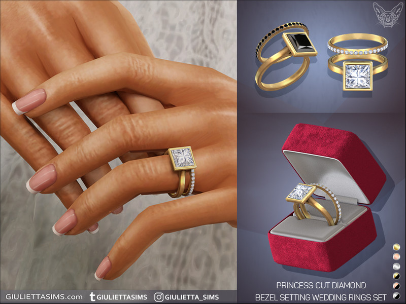 Sims 4 Princess Cut Diamond Bezel Setting Wedding Rings Set by feyona