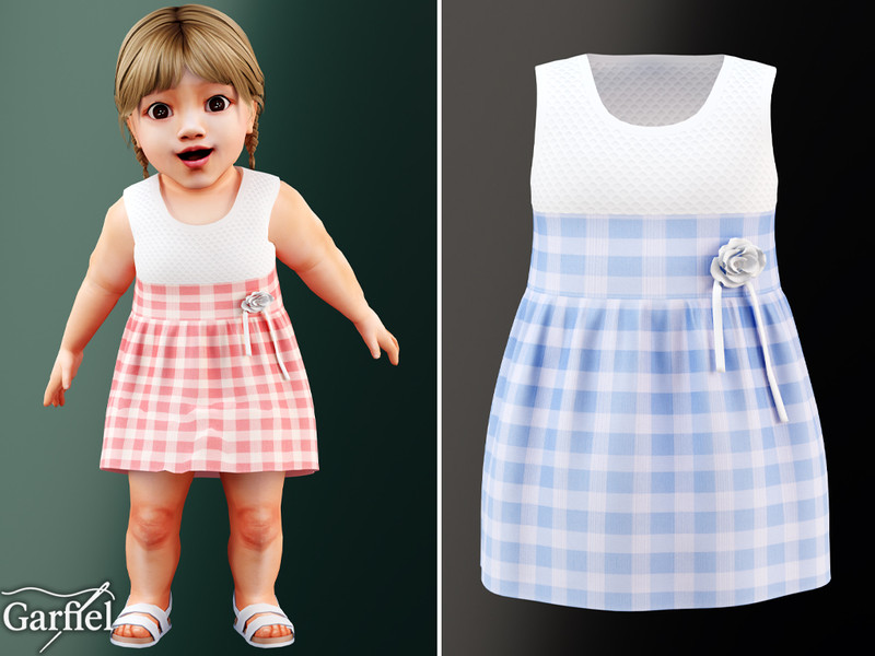 Sims 4 CC Infant - Plaid dress with textured bodice and flower accent by Garfiel