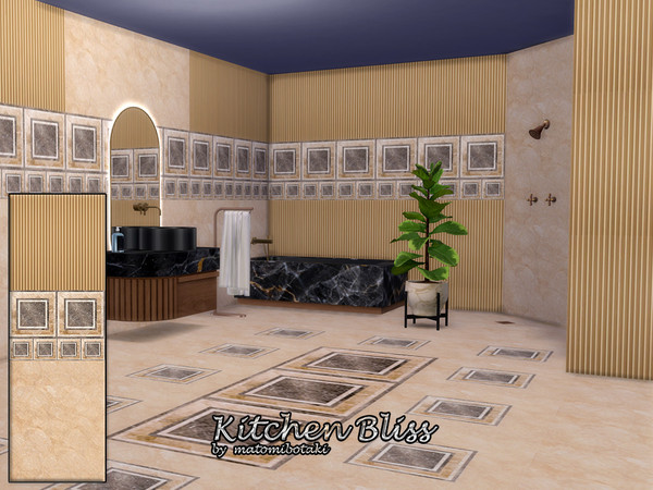 Sims 4 — Kitchen Bliss by matomibotaki — Unusual material mix with wood, marble tiles and decorative border, in 5