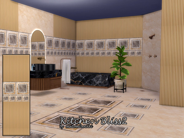 Sims 4 — Kitchen Bliss2 by matomibotaki — Unusual material mix with wood, marble tiles and decorative border, in 5
