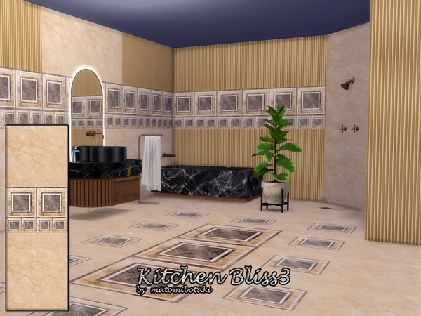 Sims 4 — Kitchen Bliss3 by matomibotaki — Unusual material mix with wood, marble tiles and decorative border, in 5