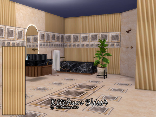 Sims 4 — Kitchen Bliss5 by matomibotaki — Unusual material mix with wood, marble tiles and decorative border, in 5