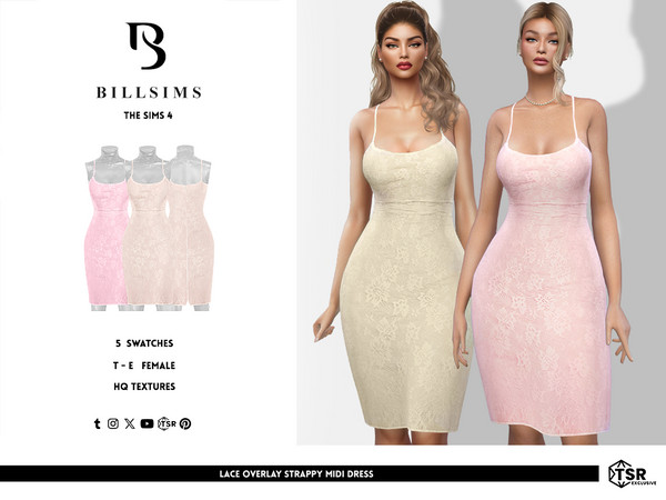 Sims 4 — Lace Overlay Strappy Midi Dress by Bill_Sims — This dress features a lace overlay construction with a fitted