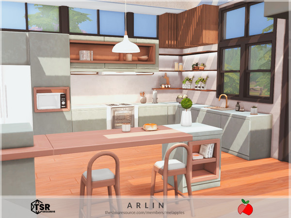 Sims 4 — Arlin - kitchen by melapples — a large modern kitchen with a skylight. 7x9